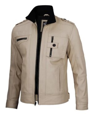 Tavares Men's Distressed Beige Leather Biker Jacket