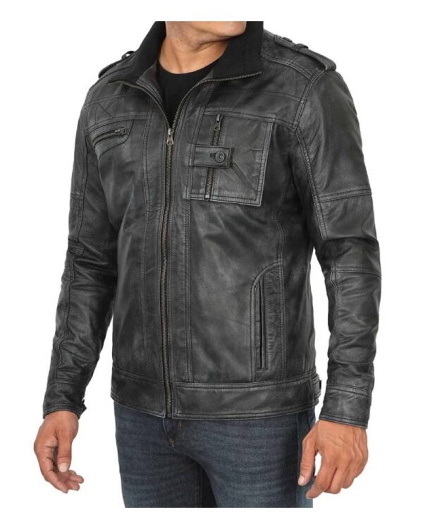 Tavares Men's Distressed Black Leather Biker Jacket