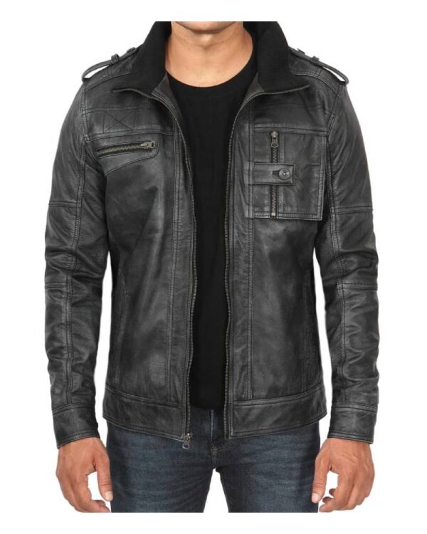 Tavares Men's Distressed Black Leather Biker Jacket