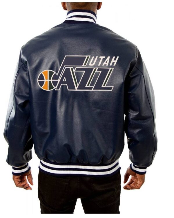 Utah Jazz Navy Blue Leather Varsity Jacket