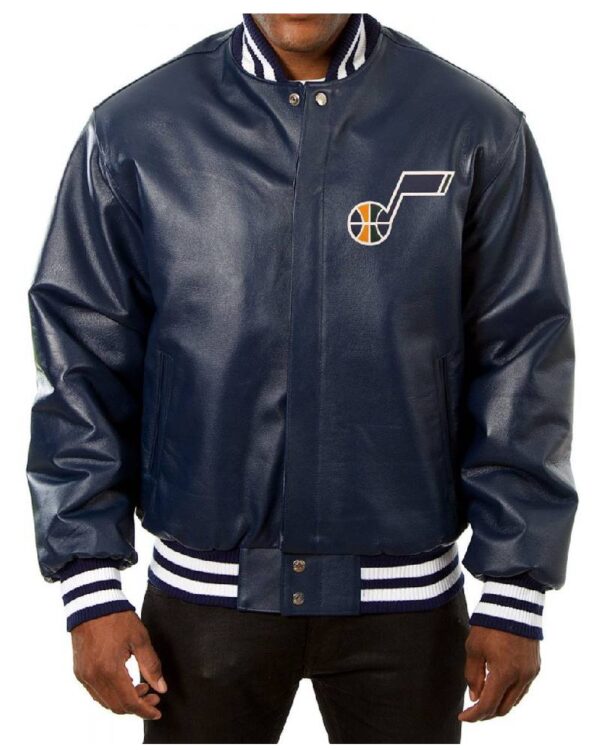 Utah Jazz Navy Blue Leather Varsity Jacket