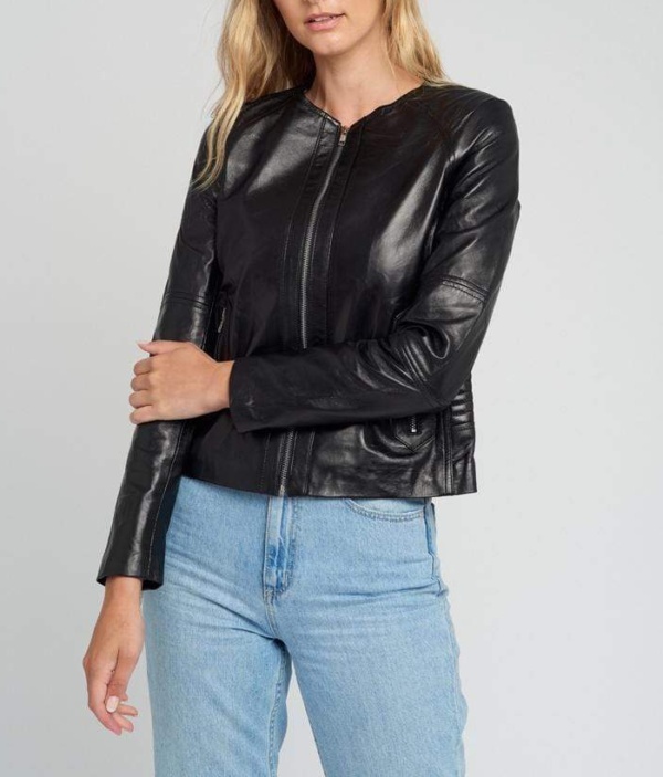 Classic Crew Neck Black Leather Jacket