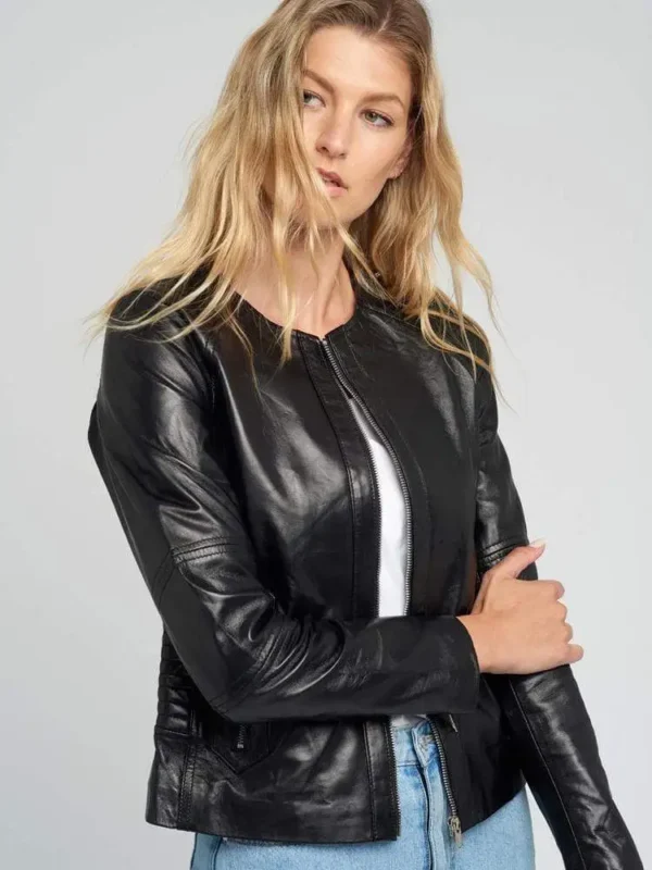 Classic Crew Neck Black Leather Jacket