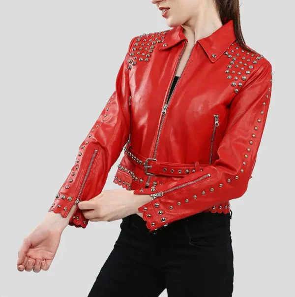 Women’s Studded Red Leather Jacket