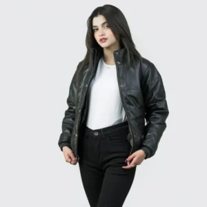 Women’s Puffer Stand Collar Black Leather Jacket