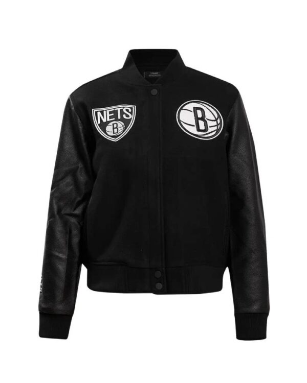 Women´s Brooklyn Nets Retro Classic Rib Full Black Wool & Leather Varsity Jacket