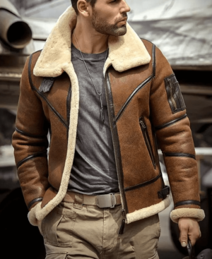 Mens Shearling B3 Bomber Flight Aviator Sheepskin Leather Jacket