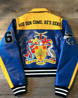 Bajan Yellow And Blue Vegan Leather Varsity Jacket