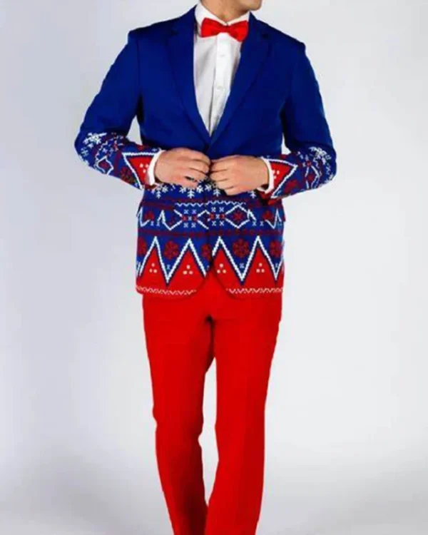 Men’s Blue Printed Jacket and Plain Red Trousers Christmas Suit For Sale