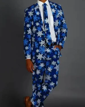 Blue and White Snowflakes Printed Christmas Suit