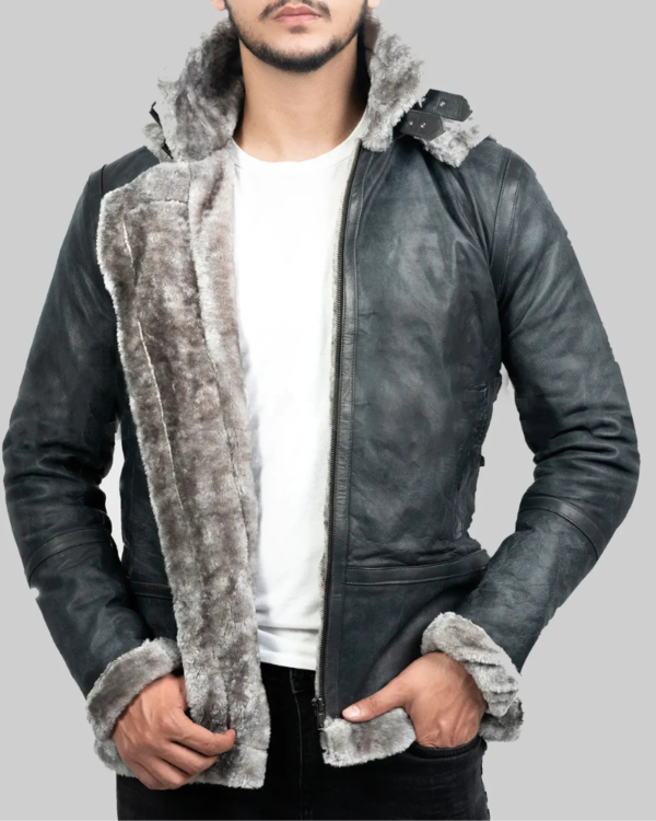 Men’s Grey Hooded B-3 Bomber Leather Jacket