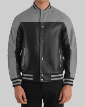 Mack Men’s Grey And Black Leather Varsity Jacket