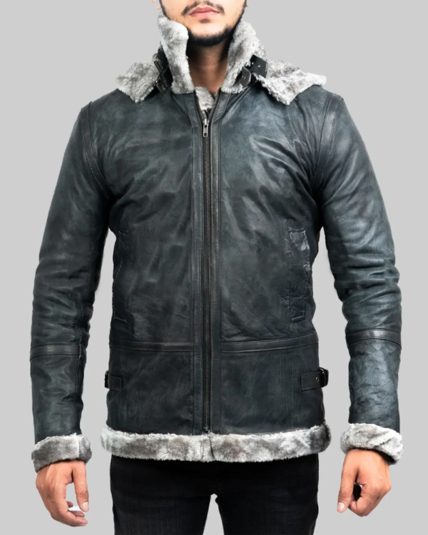 Men’s Grey Hooded B-3 Bomber Leather Jacket