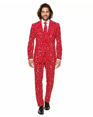 Mens White Stamp Printed Red Christmas Suit For Sale