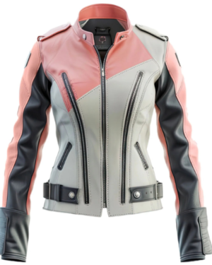 Women’s Ash Grey Pink Sheepskin Leather Moto Jacket