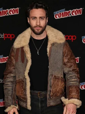 Kraven the Hunter 2024 Movie Event Aaron Taylor Johnson Shearling Leather Jacket