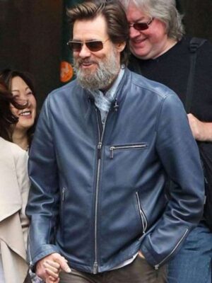 Shop Jim Carrey Street Style Blue Biker Leather Jacket