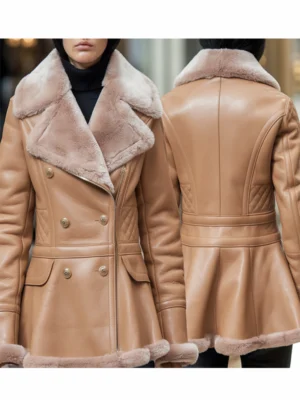 Tan Shearling Leather Peacoat for Women