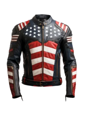 Mens Leather Motorcycle Jacket Inspired by American Flag USA