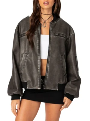 Classic Vava Washed Oversized Leather Bomber Jacket