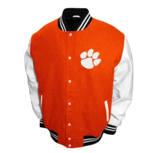 Clemson Tigers Graduate Full-Snap Orange Varsity Wool/Leather Jacket