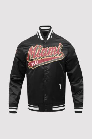 Miami Heat Script Tail Black Full-Snap Satin Varsity Jacket